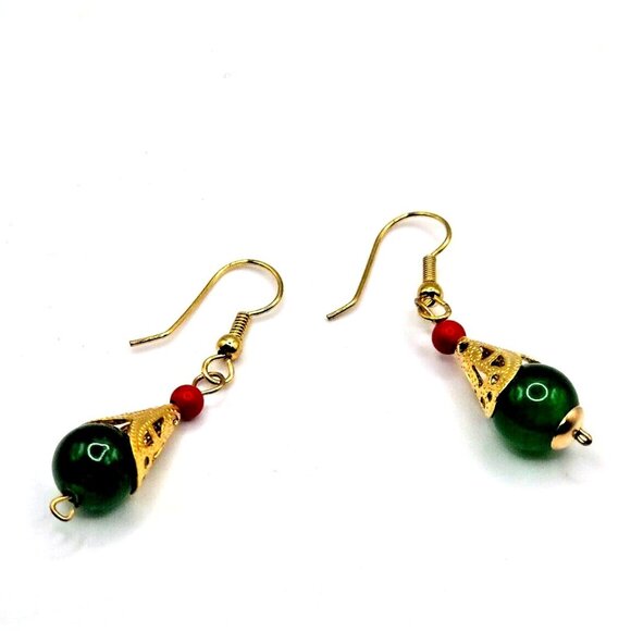 Spinach Jade Teardrop Hook earrings with Gold Filagree and Red Coral Bead 2 inch - Picture 1 of 5